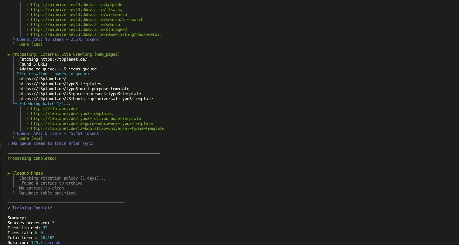 Example command-line output showing queue processing and training completion