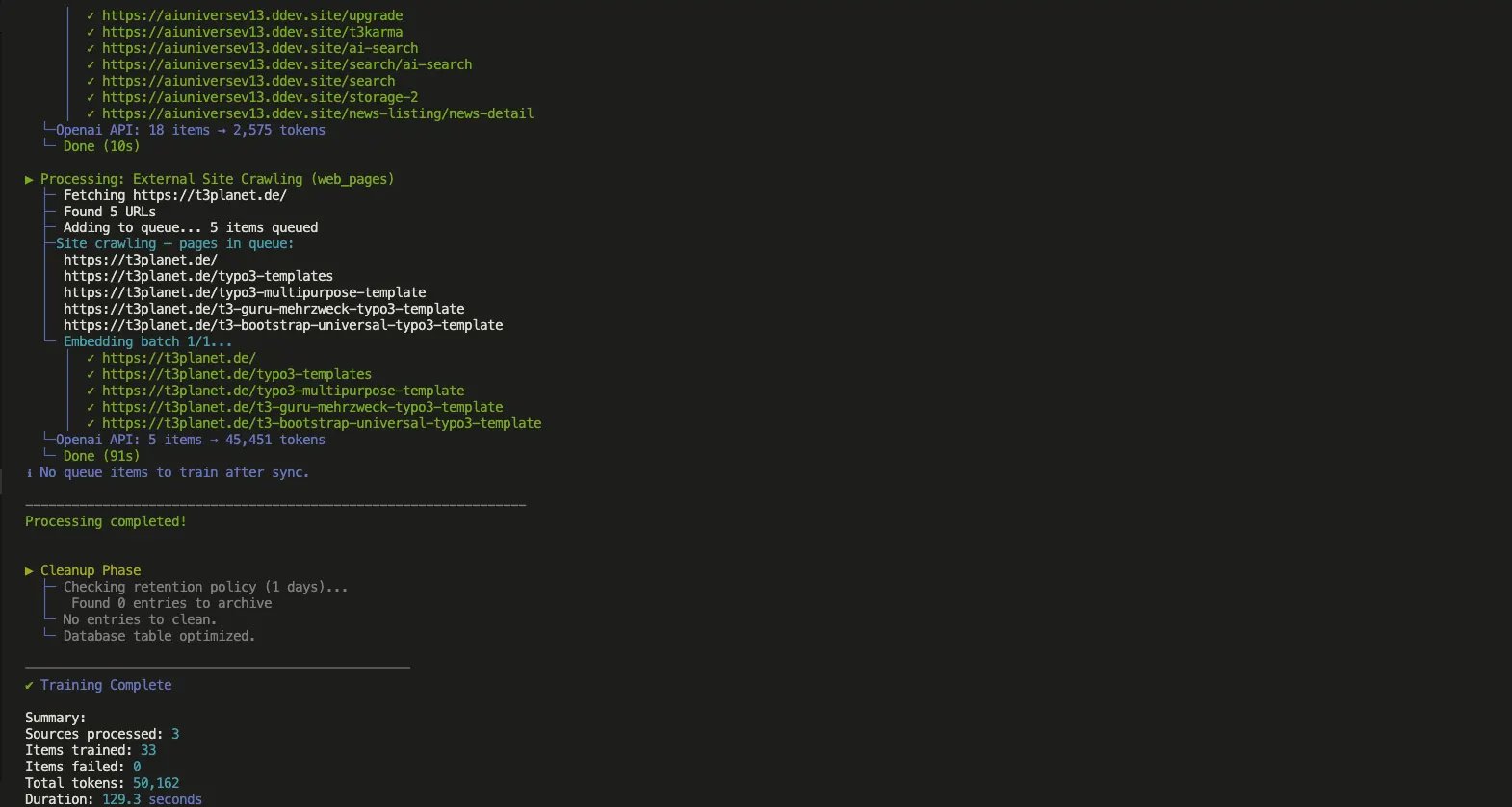 Example command-line output showing queue processing and training completion
