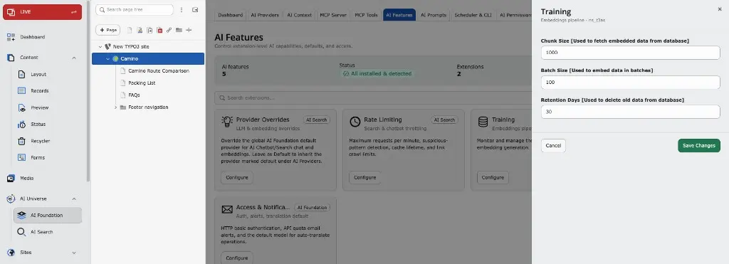 Configurable database chunking in T3AF Training settings
