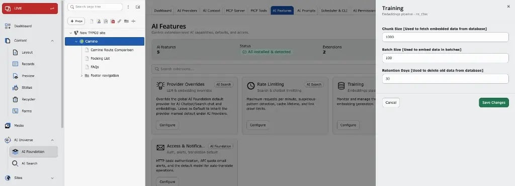 Configurable database chunking in T3AF Training settings