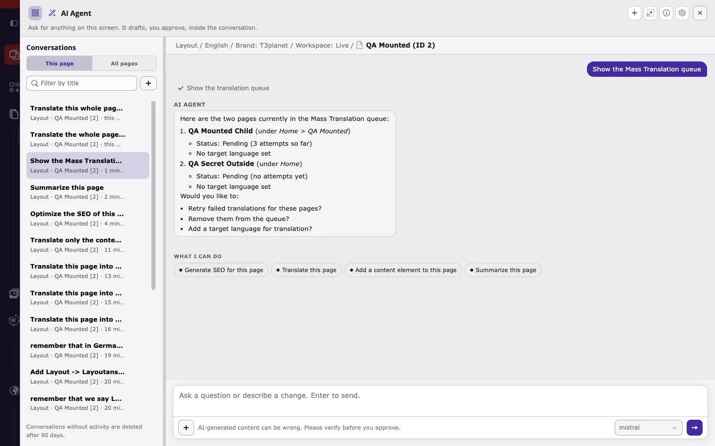 Conversation list with This page and All pages tabs, a filter, and earlier T3AI conversations