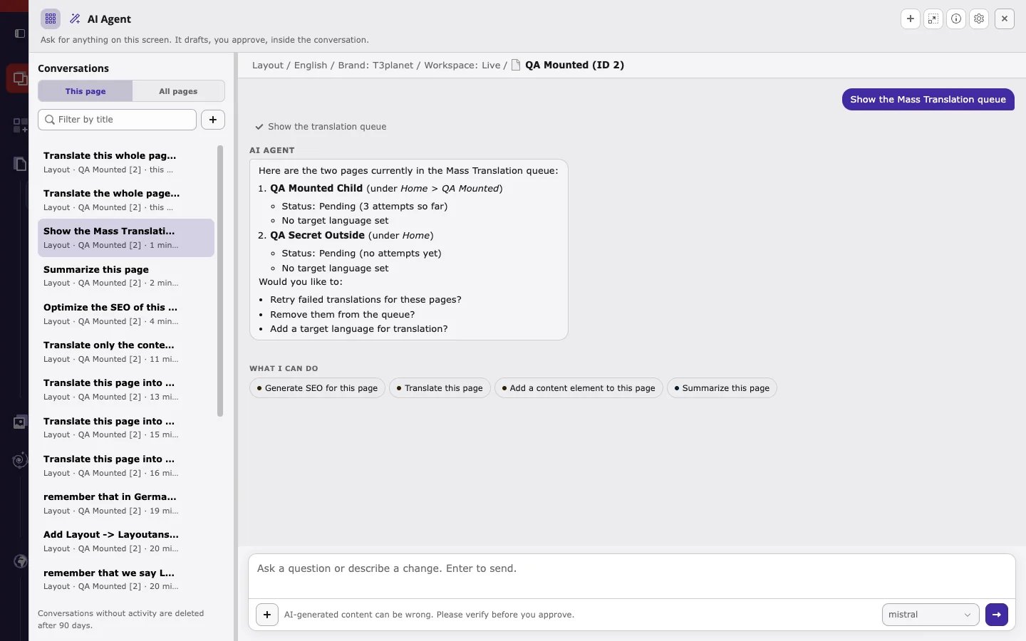 Conversation list with This page and All pages tabs, a filter, and earlier T3AI conversations
