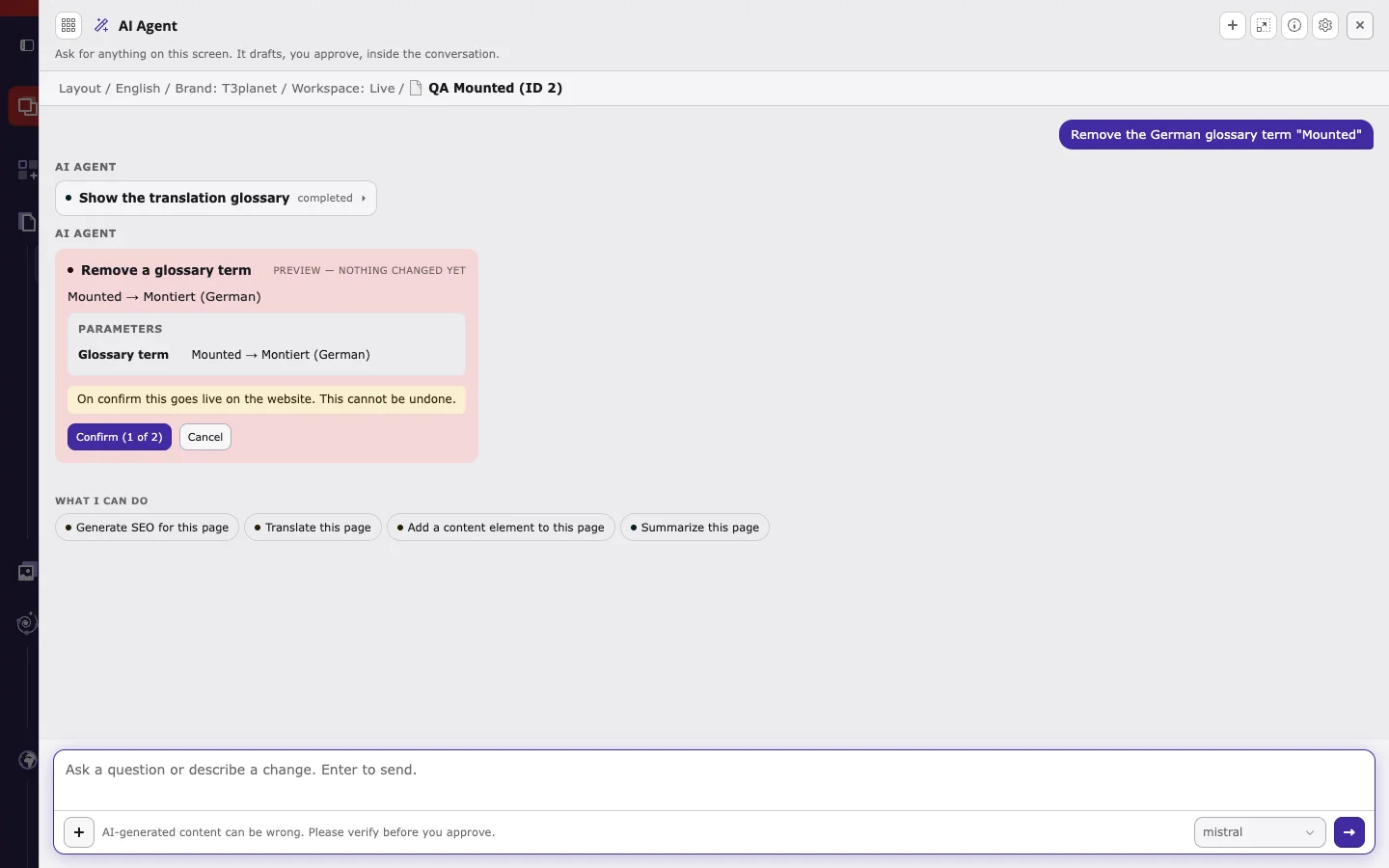 Red delete preview for Remove a glossary term with Confirm (1 of 2) and Cancel