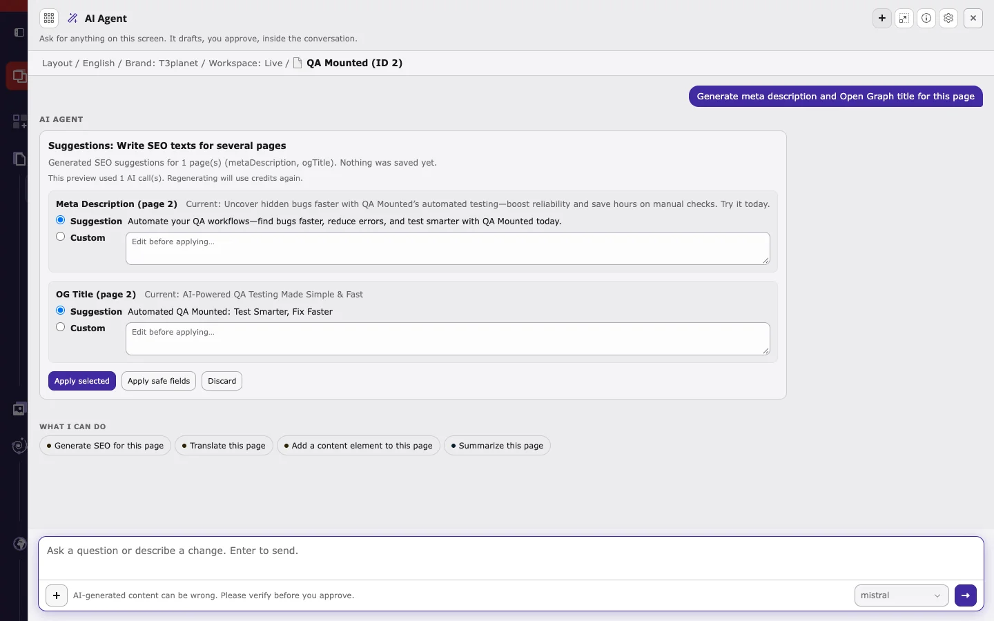 SEO suggestion card with current value, AI suggestion, and Custom field per SEO field, and the buttons Apply selected, Apply safe fields, and Discard