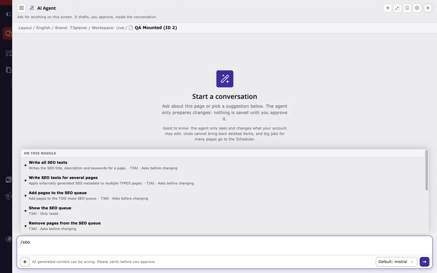 The / picker in the AI agent lists tools by their name in the agent, with the extension and the kind of action