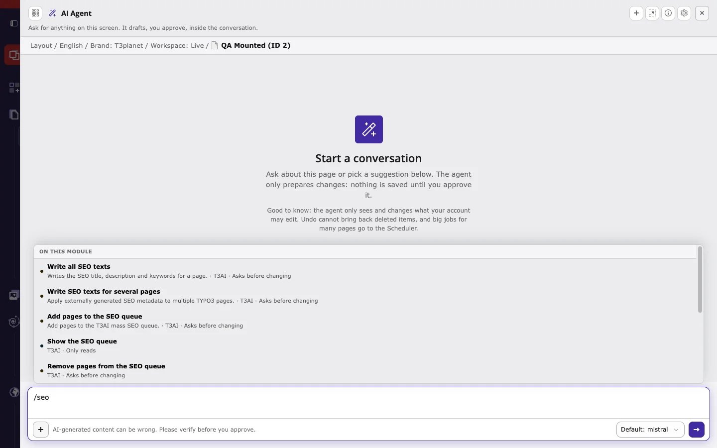 The / picker in the AI agent lists tools by their name in the agent, with the extension and the kind of action