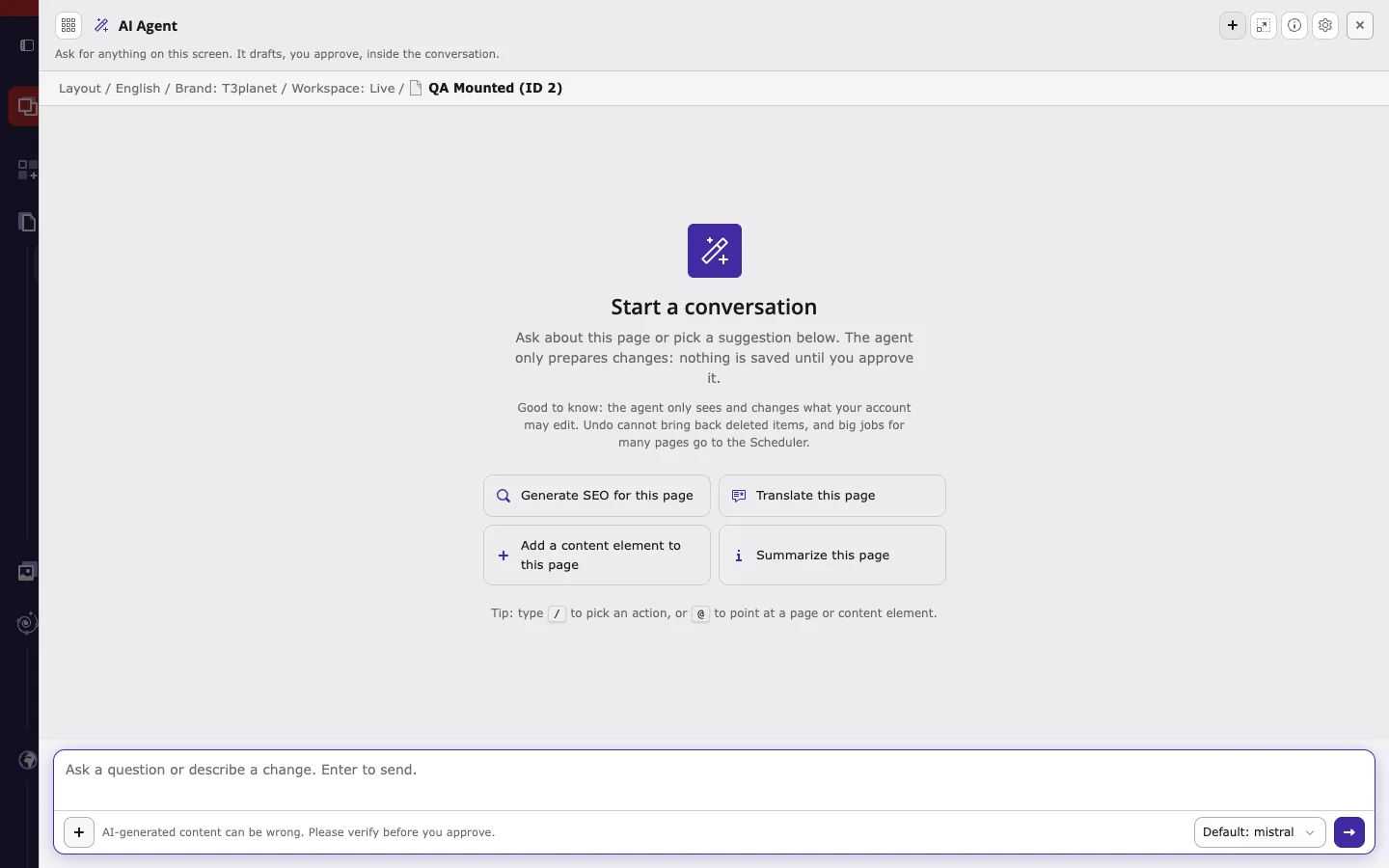 Empty AI agent window with Start a conversation, four suggestions, and the message field