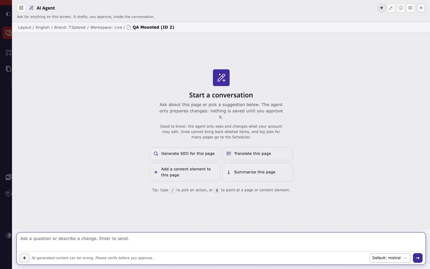 Empty AI agent window with Start a conversation, four suggestions, and the message field
