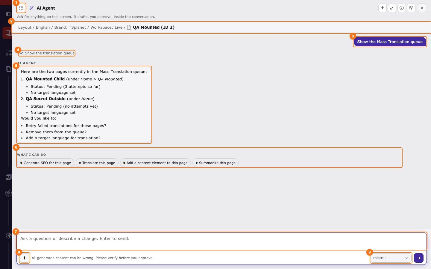 AI agent window with the conversation list button, context line, request, step, answer, suggestions, message field, attach button, and AI model marked 1 to 9