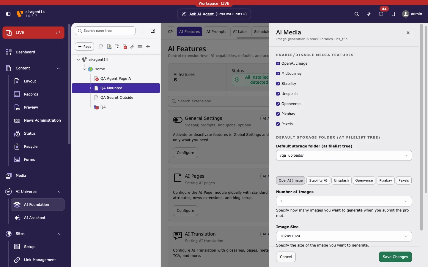 AI Media card with the media toggles and the source tabs