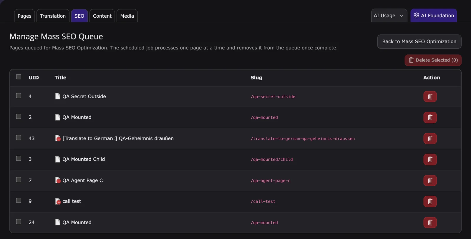 Manage Mass SEO Queue with the queued pages and Delete Selected