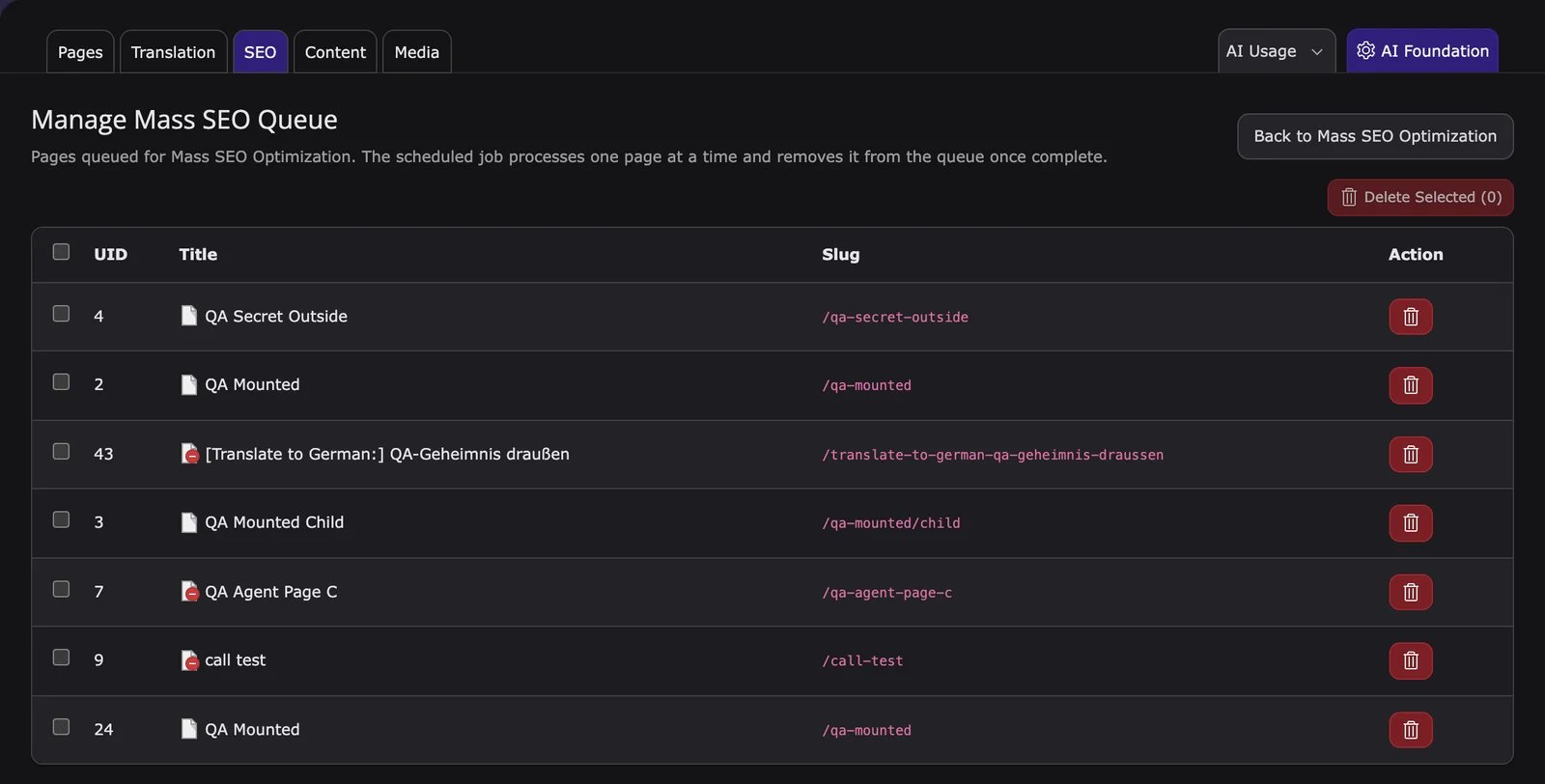 Manage Mass SEO Queue with the queued pages and Delete Selected