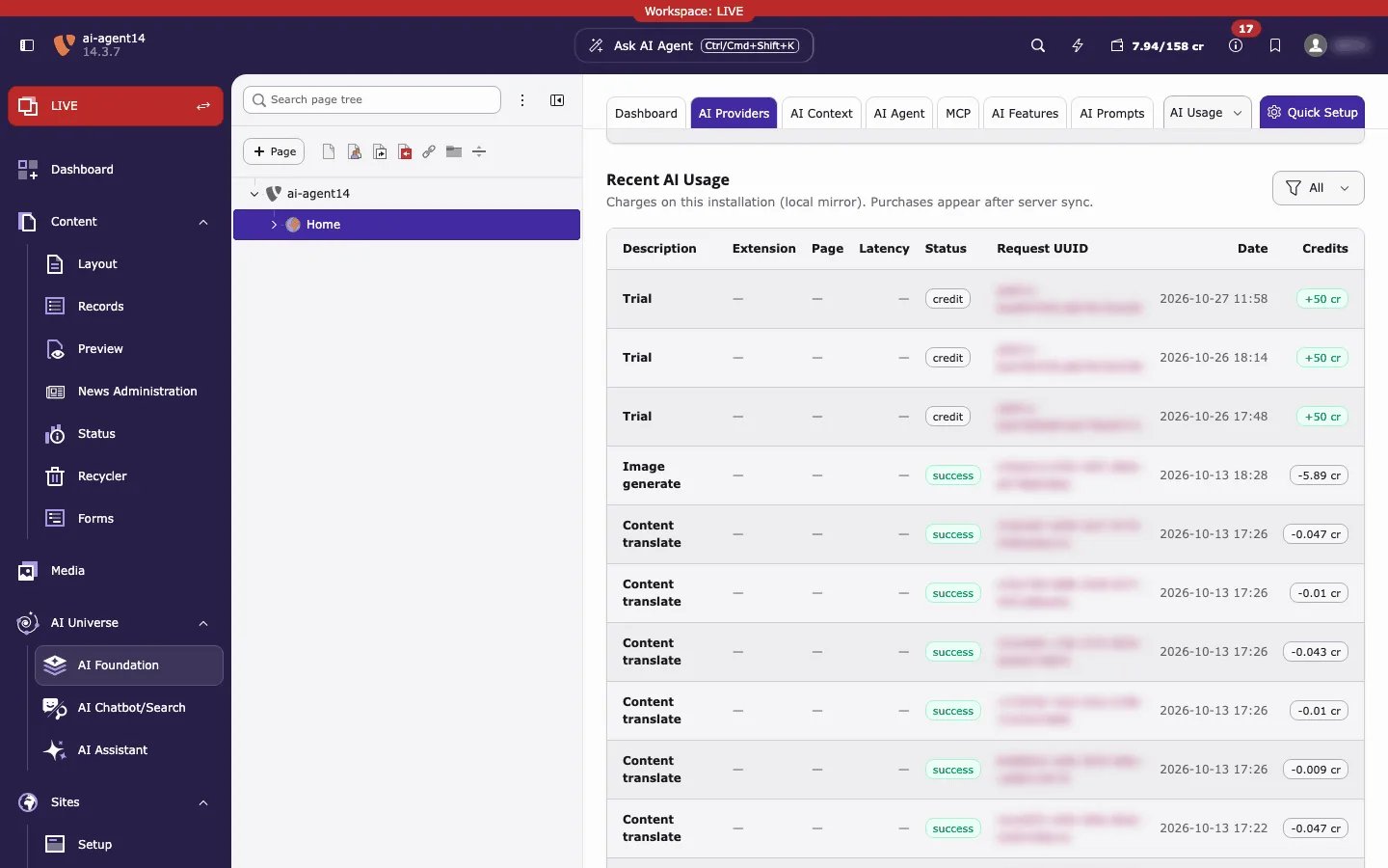 Recent AI Usage table with Trial credit rows (+50 cr) and usage rows with negative credits