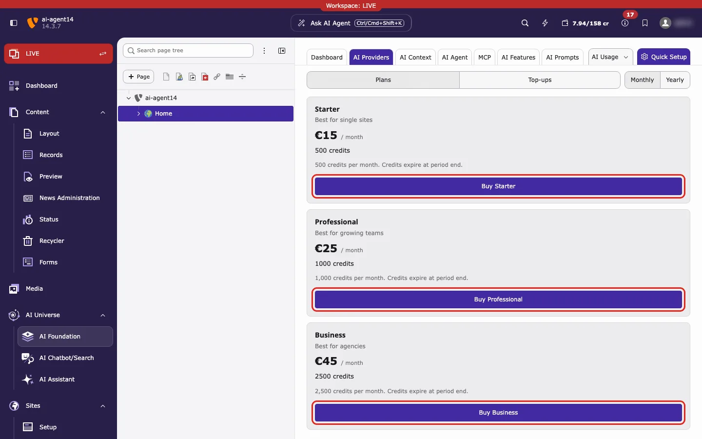 AI Credit Bundles with the Plans tab open and the Buy buttons highlighted