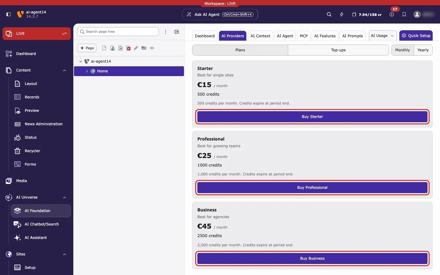 AI Credit Bundles with the Plans tab open and the Buy buttons highlighted