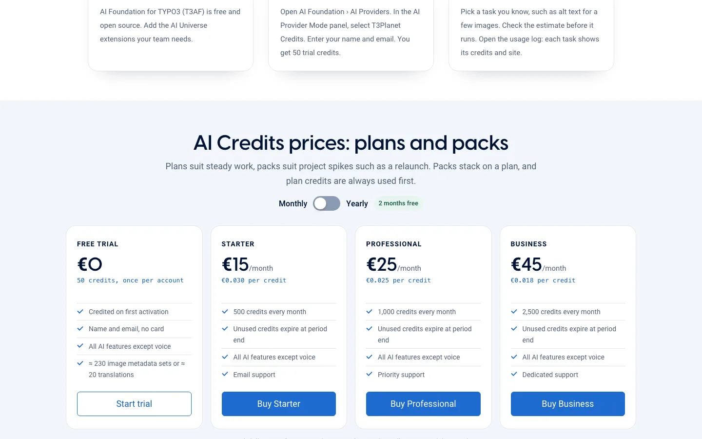The AI Credits prices on t3planet.de: Free Trial with 50 credits, Starter, Professional and Business, with a Monthly and Yearly switch