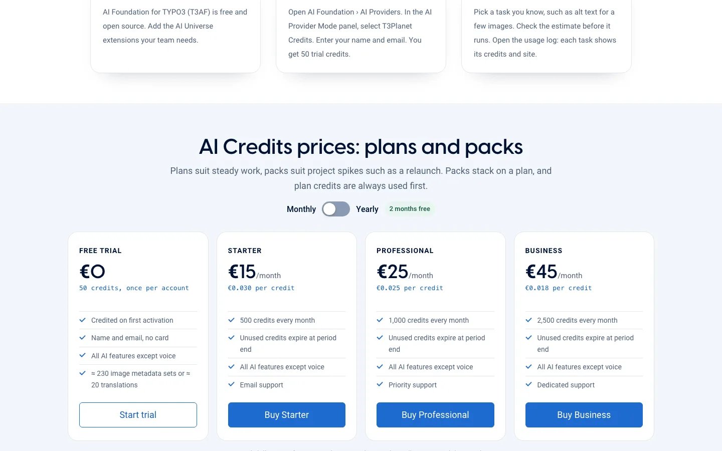 The AI Credits prices on t3planet.de: Free Trial with 50 credits, Starter, Professional and Business, with a Monthly and Yearly switch