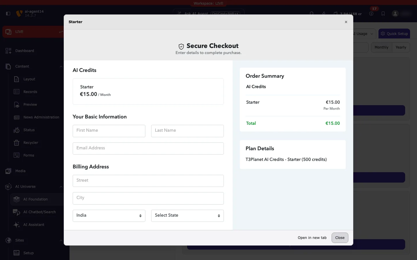 Secure Checkout window opened on top of the TYPO3 backend