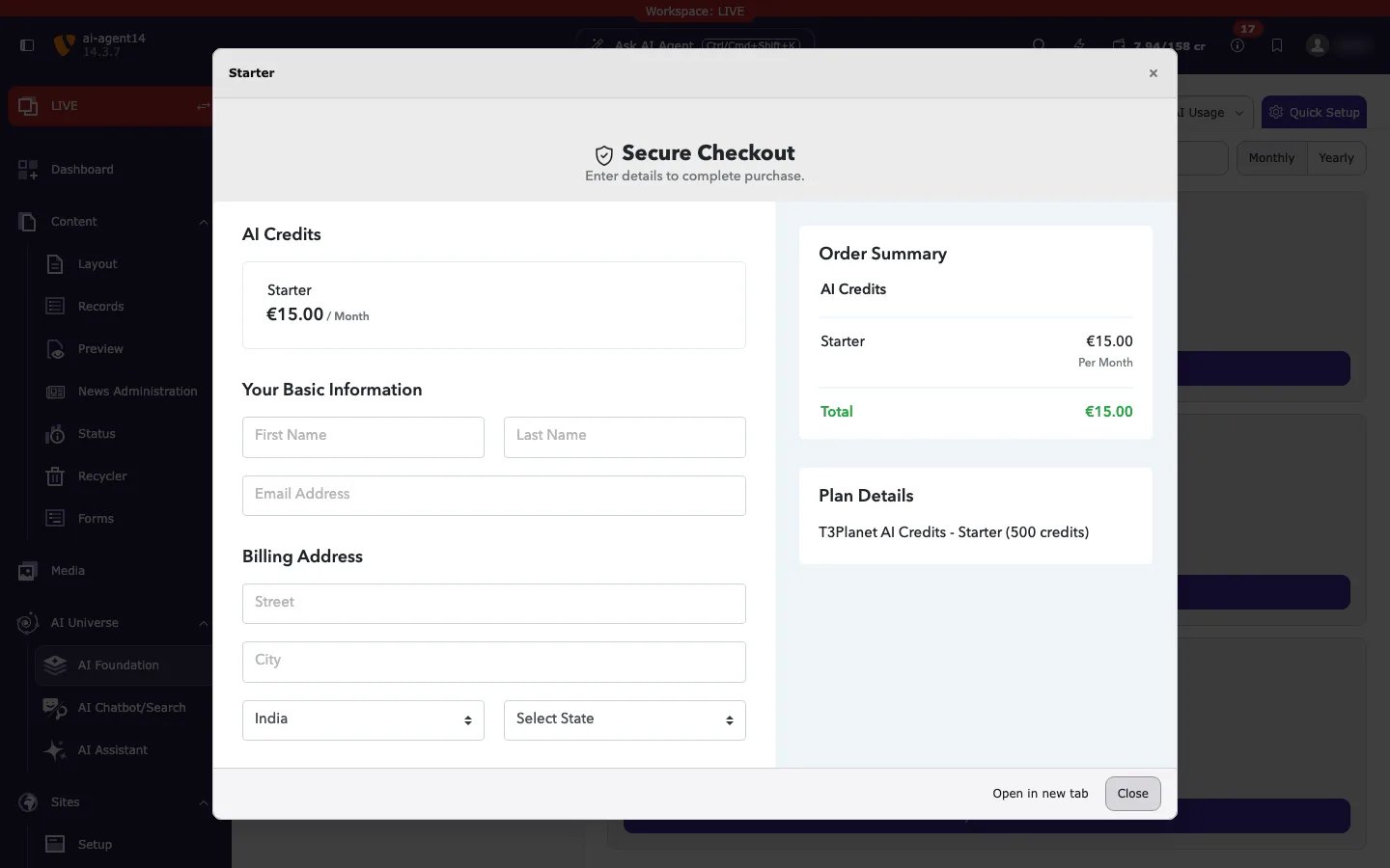 Secure Checkout window opened on top of the TYPO3 backend