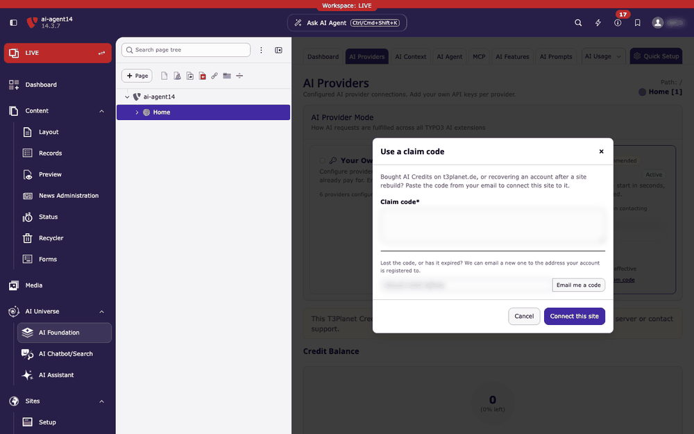 Animated recording: the Use a claim code dialog, the pasted code (blurred), the green success message and the reloaded page with the credit balance