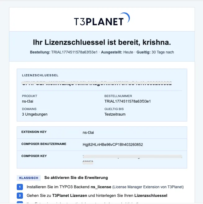 Sample license email