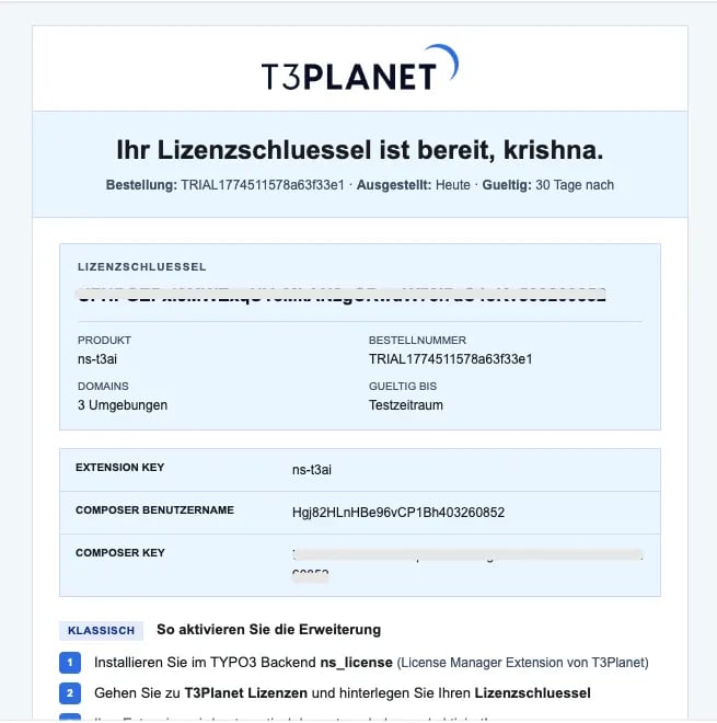 Sample license email