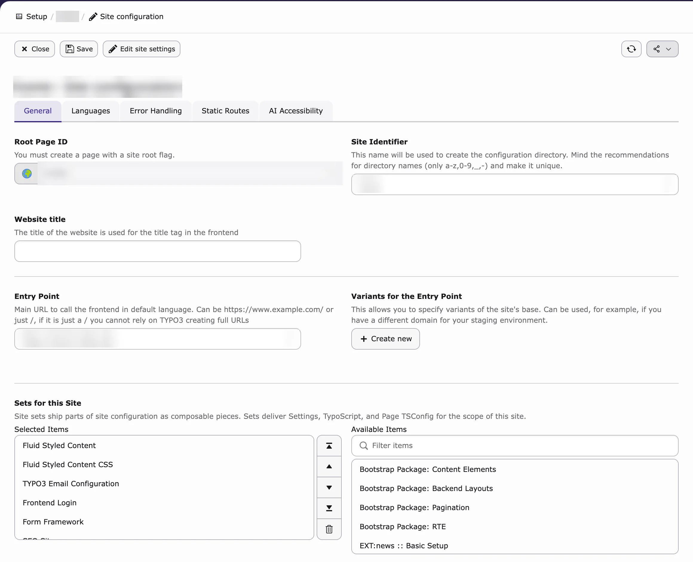 Site configuration, General tab with Sets for this Site (TYPO3 v14)