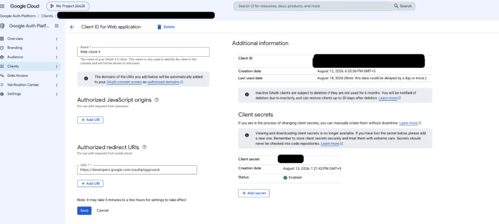 Client ID for Web application: Client ID and Client secret with the OAuth Playground redirect URI