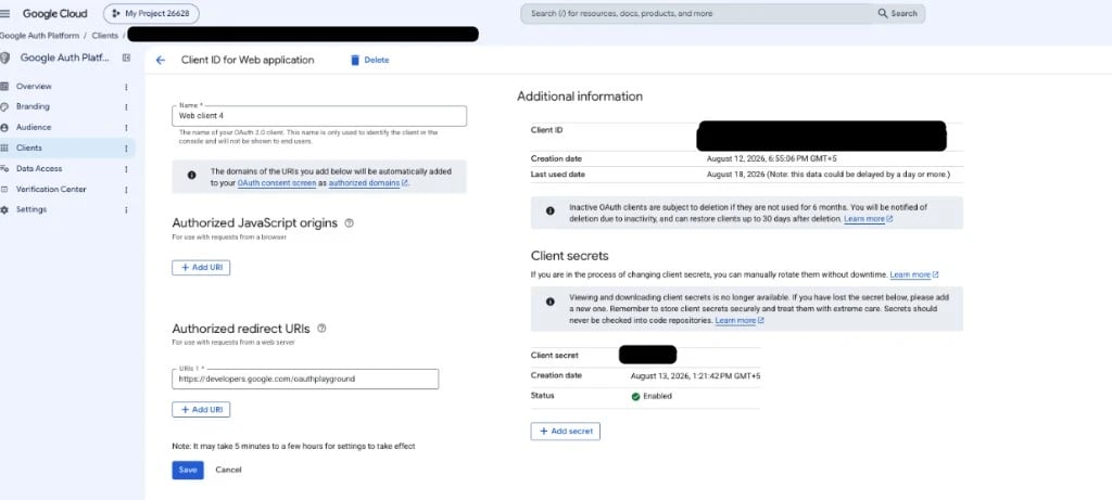 Client ID for Web application: Client ID and Client secret with the OAuth Playground redirect URI