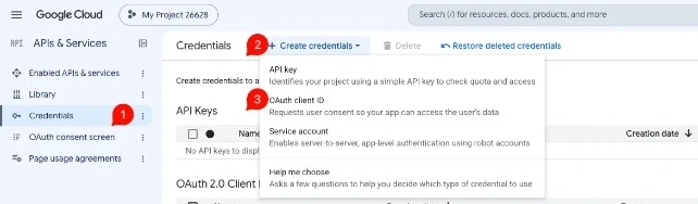 Google Cloud console: Credentials, Create credentials, OAuth client ID