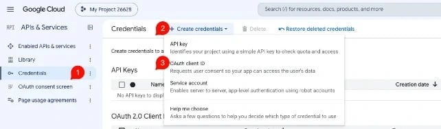 Google Cloud console: Credentials, Create credentials, OAuth client ID