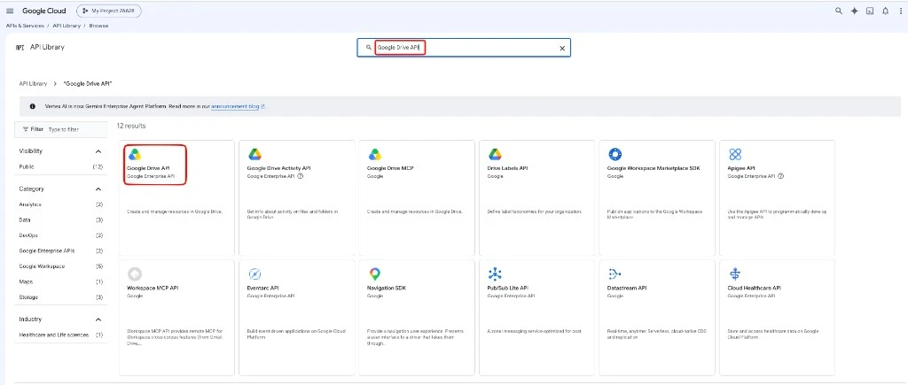 API Library: search for Google Drive API and select it