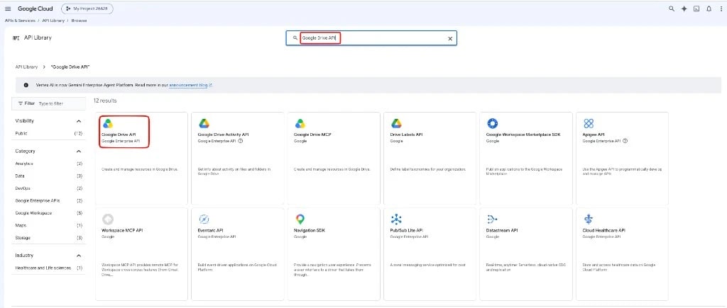 API Library: search for Google Drive API and select it