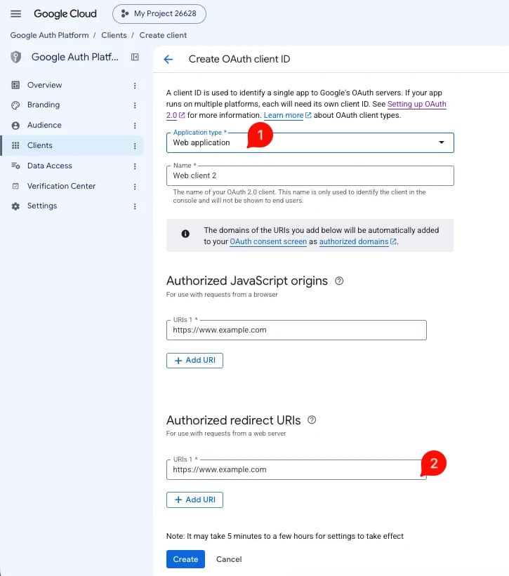 Create OAuth client ID: Application type Web application and Authorized redirect URIs