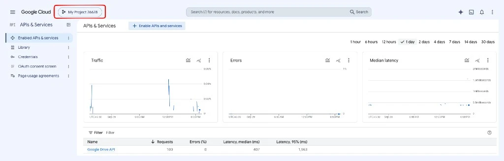 Google Cloud console: project selector at the top of APIs & Services
