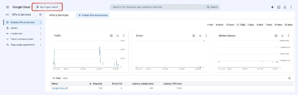Google Cloud console: project selector at the top of APIs & Services