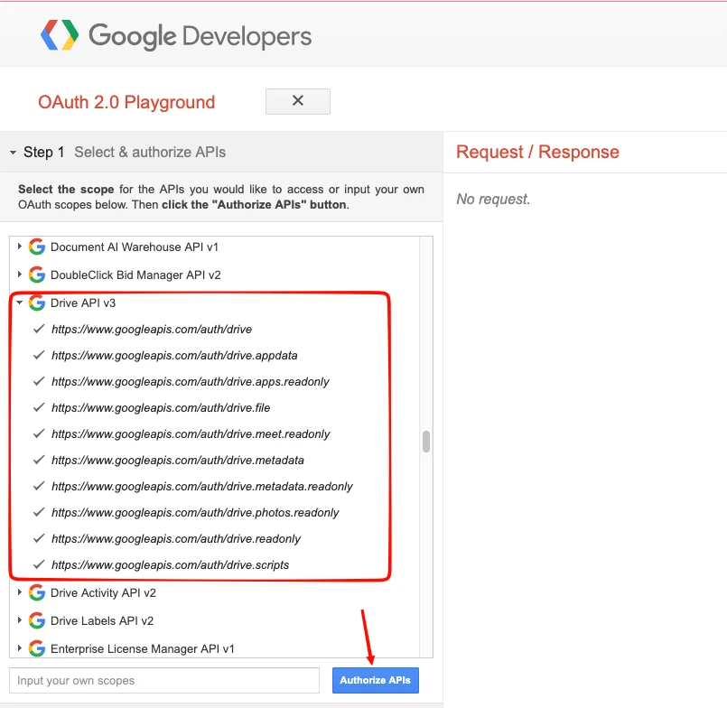 OAuth 2.0 Playground Step 1: Drive API v3 scope list and Authorize APIs button