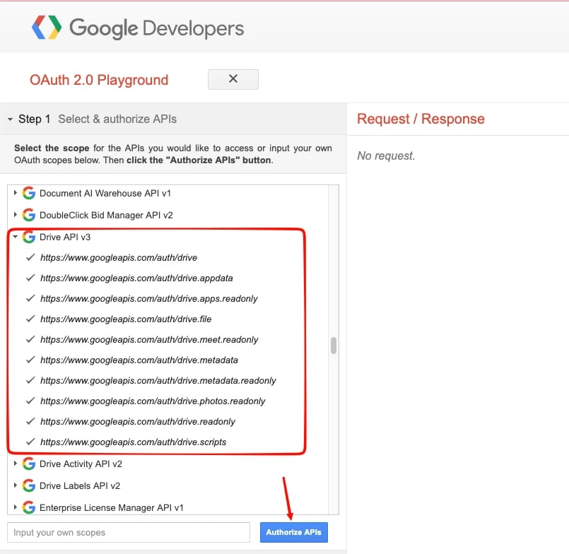OAuth 2.0 Playground Step 1: Drive API v3 scope list and Authorize APIs button