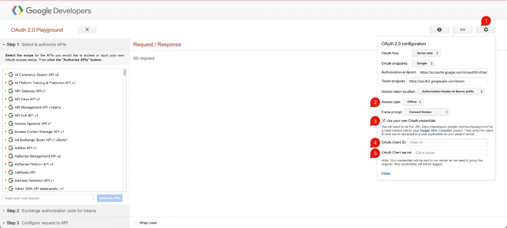 OAuth 2.0 Playground settings: Use your own OAuth credentials with Client ID and Client secret
