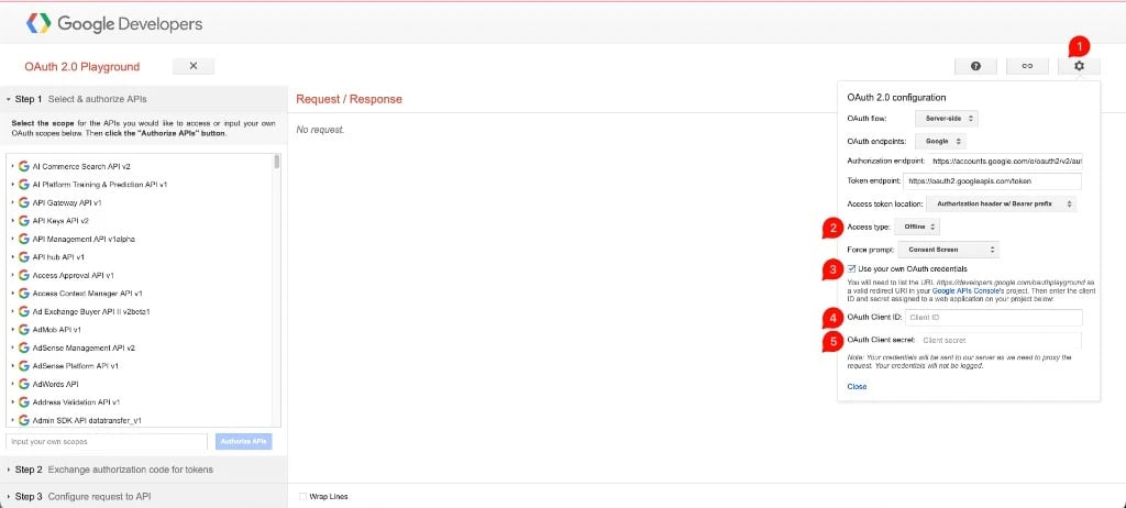 OAuth 2.0 Playground settings: Use your own OAuth credentials with Client ID and Client secret