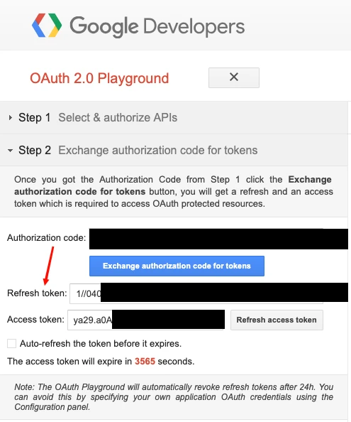OAuth 2.0 Playground Step 2: Refresh token after Exchange authorization code for tokens