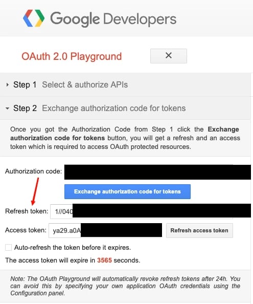 OAuth 2.0 Playground Step 2: Refresh token after Exchange authorization code for tokens