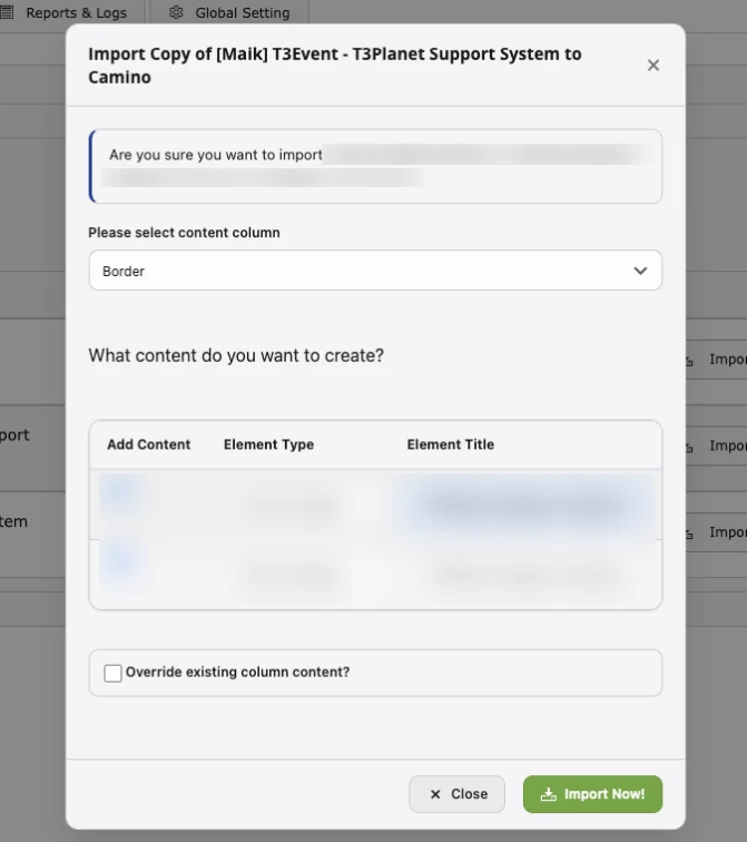 Import dialog: content column, sections with Add Content, Element Type and Element Title, and the Override existing column content option