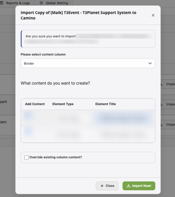 Import dialog: content column, sections with Add Content, Element Type and Element Title, and the Override existing column content option