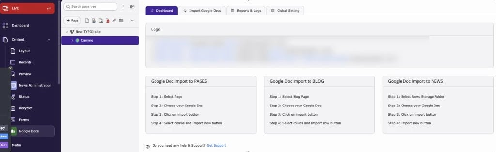 Google Docs module: Dashboard tab with import logs and import steps for Pages, Blog and News