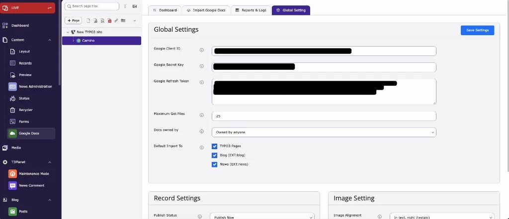 Google Docs module: Global Settings tab with Google account fields and import options