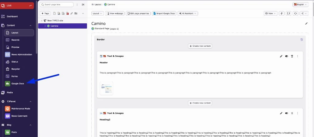 TYPO3 backend sidebar: Google Docs module under Content
