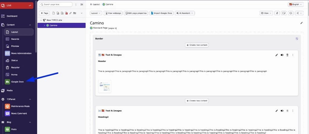 TYPO3 backend sidebar: Google Docs module under Content