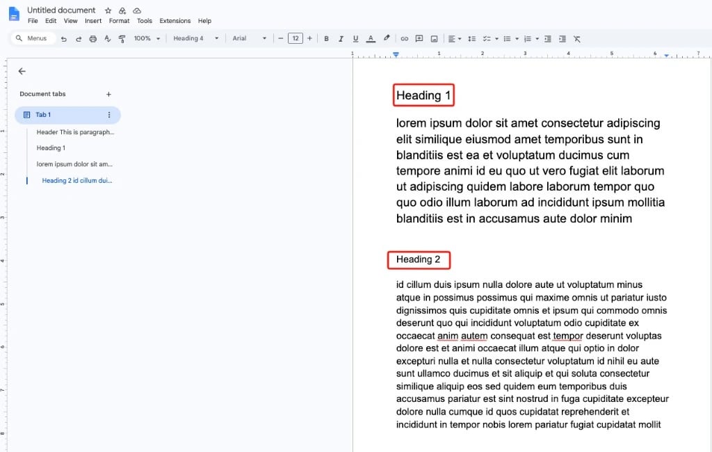Google Doc with a Heading 1 and a Heading 2: each heading starts a new content element