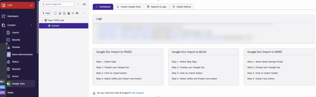 Google Docs module: Dashboard tab with recent import logs and import steps